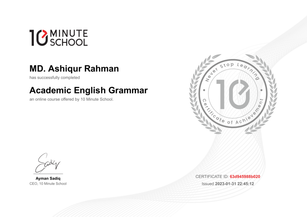 10 Minute School certificate: Academic English Grammar