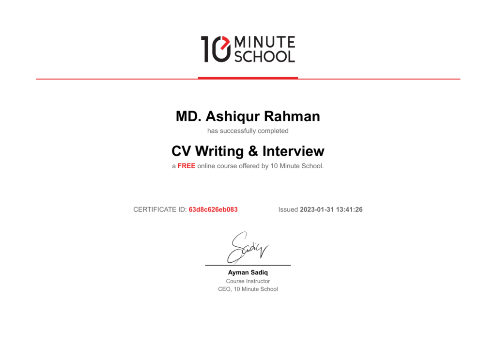 10 Minute School certificate: CV Writing & Interview