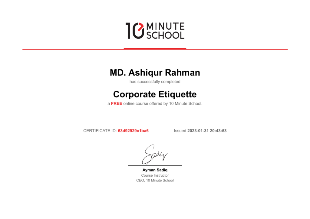 10 Minute School certificate: Corporate Etiquette