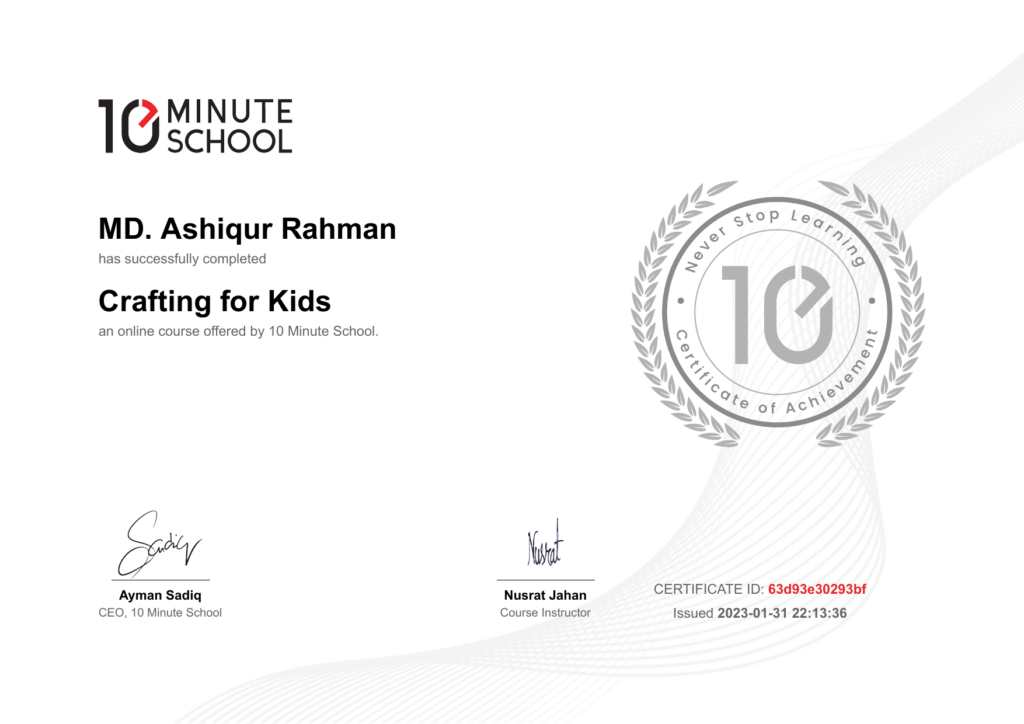 10 Minute School certificate: Crafting for Kids