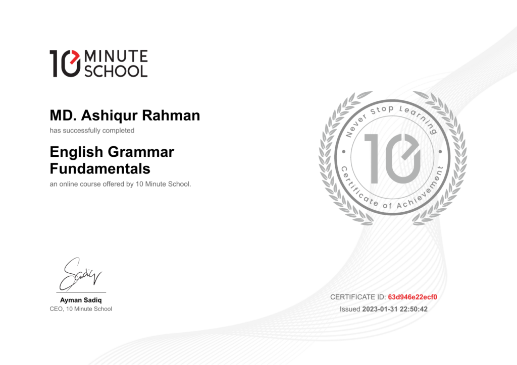 10 Minute School certificate: English Grammar Fundamentals