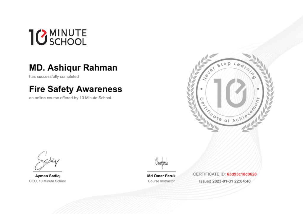 10 Minute School certificate: Fire Safety Awareness