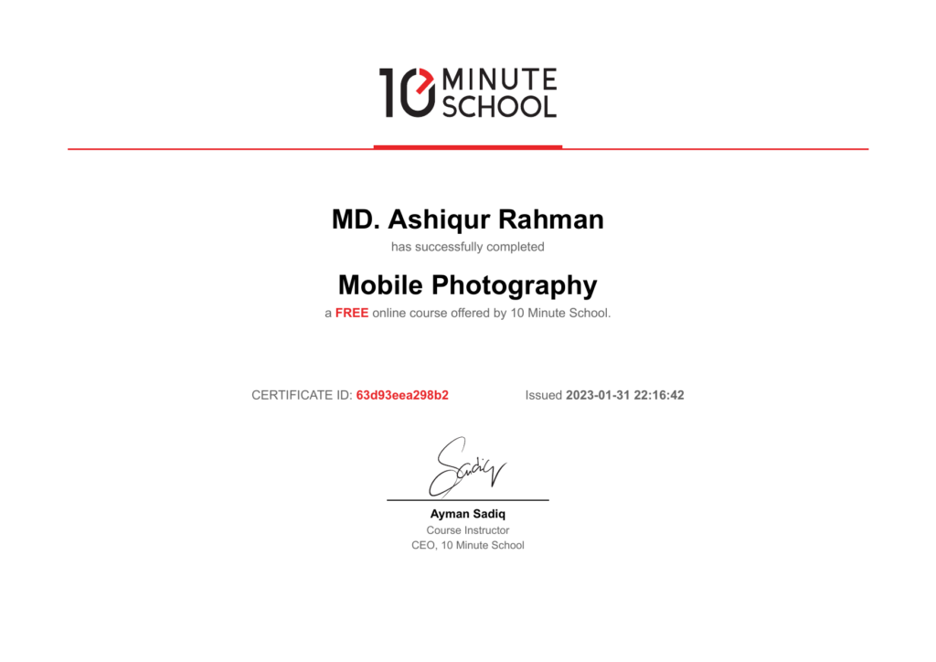 10 Minute School certificate: Mobile Photography