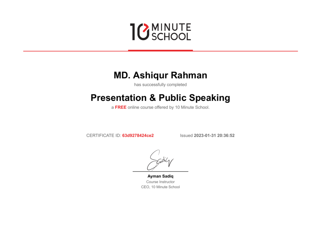 10 Minute School certificate: Presentation & Public Speaking