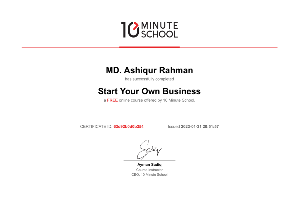 10 Minute School certificate: Start Your Own Business