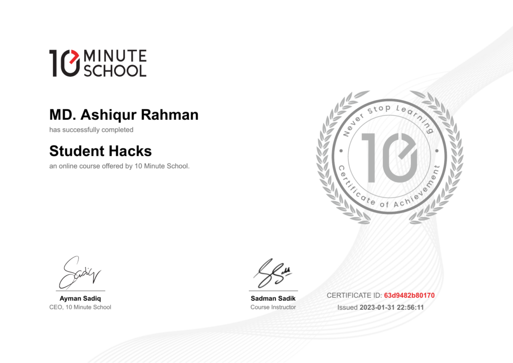 10 Minute School certificate: Student Hacks